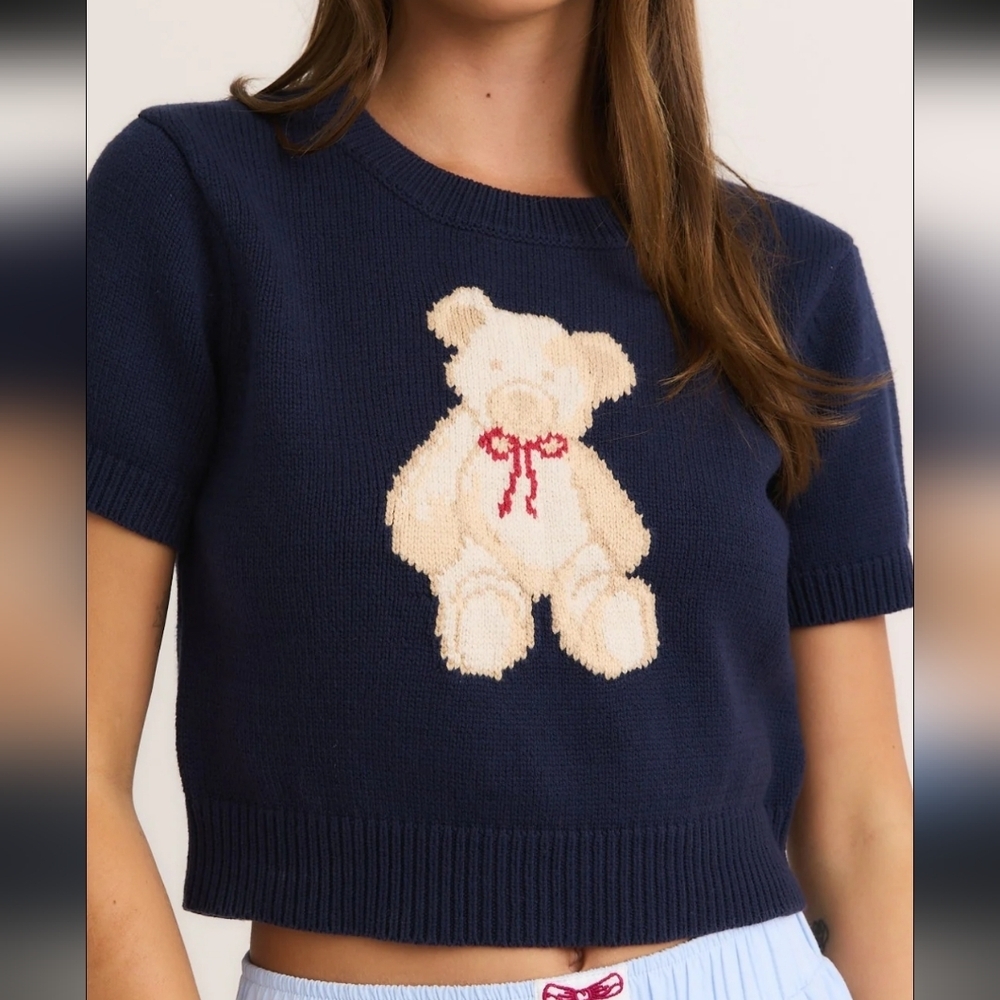Le Lis Short Sleeve Crew‎ Neck Cropped  Teddy Bear Sweater Size M